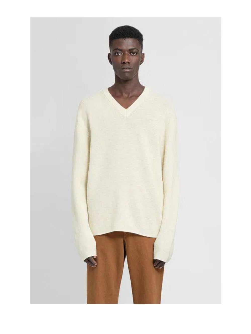 Lemaire Men's V-Neck 100% Wool Sweater in Cream.  Size Large